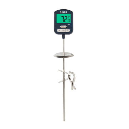 Taylor Programmable Digital Candy and Deep Fry Thermometer with Green Light Alert Display, Long Stem, and Adjustable Pan Clip, White