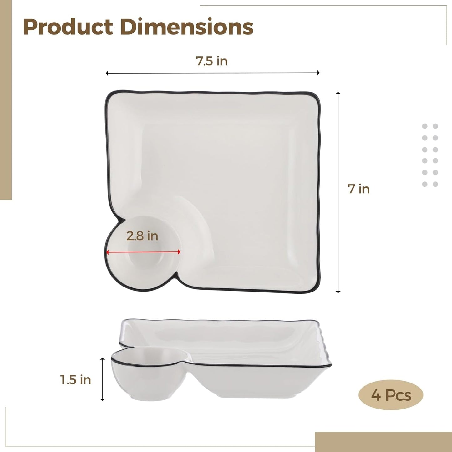 Chip and Dip Serving Platter Set, 4 Pcs Ceramic Divided Platters with Dip Compartment, White Square Appetizer Plates, Snack Serving Dishes for Fries, Sushi, Taco