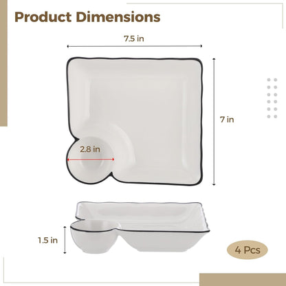 Chip and Dip Serving Platter Set, 4 Pcs Ceramic Divided Platters with Dip Compartment, White Square Appetizer Plates, Snack Serving Dishes for Fries, Sushi, Taco