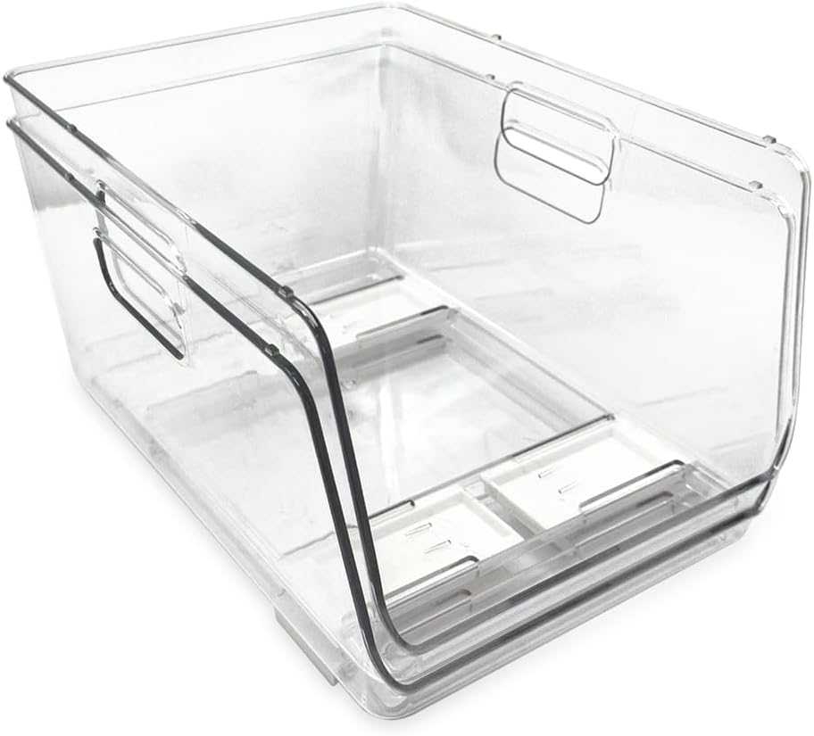 Isaac Jacobs 2-Piece (16" x 12" x 6.1") X-Large Wide Stackable Clear Storage Bins w/Open Front, Versatile Use, Set of 2, Desk, Office, Bathroom, Bedroom, Closet