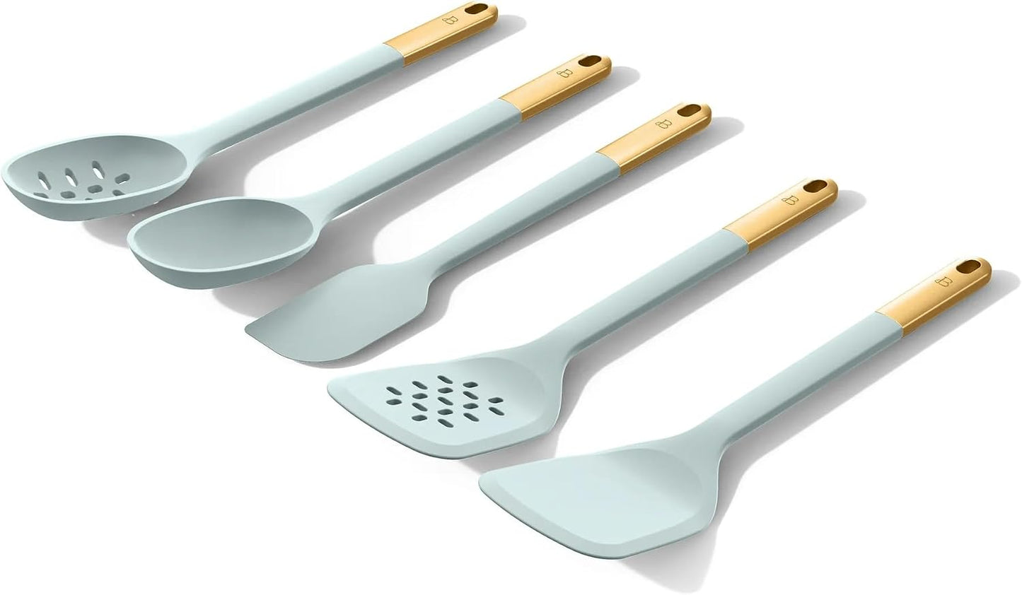 6 Piece Silicone Kitchen Utensil Set with Holder, Heat Resistant Cooking Tools, Nonstick Safe Spatula Spoon Turner Set with Ceramic Storage Crock