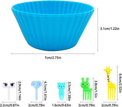 DaKuan 52-Piece Bento Box Accessories Kit - 12 Reusable Silicone Cupcake Liners & 40 Food Picks for Kids Lunch Box, Microwave Safe Baking Cups with Animal Fruit Picks (School, Party, Picnic)