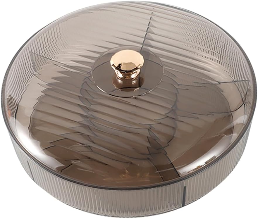 Divided Clear Snack Serving Tray with Lid, 6 Compartments Round Plastic Food Storage Organizer for Fruits, Nuts, Candies, Cookies, Stackable Snackle Box for Kitchen, Party and Picnic(Grey)