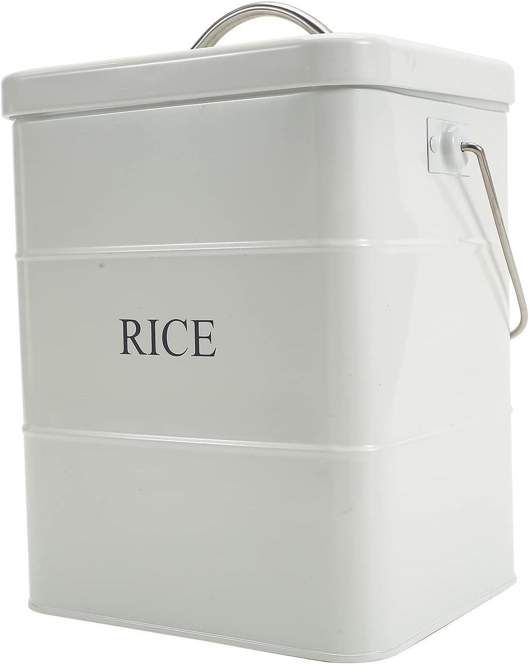 Metal Rice Storage Box, Square Rice Container with Lid and handle, Sealed Food Storage Bin for Kitchen, Countertop Organizer Jar for Rice Flour Soybean Grain Cereal-White