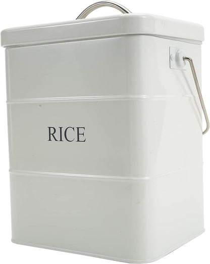 Metal Rice Storage Box, Square Rice Container with Lid and handle, Sealed Food Storage Bin for Kitchen, Countertop Organizer Jar for Rice Flour Soybean Grain Cereal-White