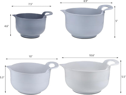 Mixing Bowls - 4 Piece Nesting Plastic Mixing Bowl Set with Pour Spouts and Handles - Non Slip Bottom and Measurement Markings (Light Gray)