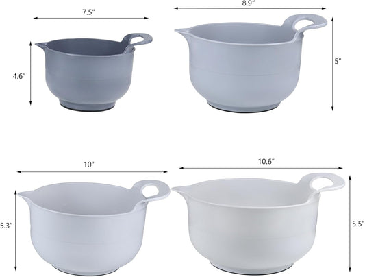 Mixing Bowls - 4 Piece Nesting Plastic Mixing Bowl Set with Pour Spouts and Handles - Non Slip Bottom and Measurement Markings (Light Gray)