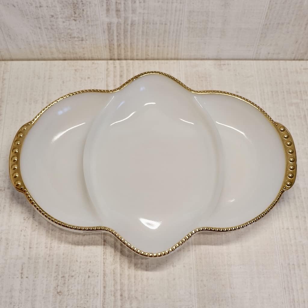 Fire King Anchor Hocking Milk Glass Relish Tray Divided Dish with Gilded Trim