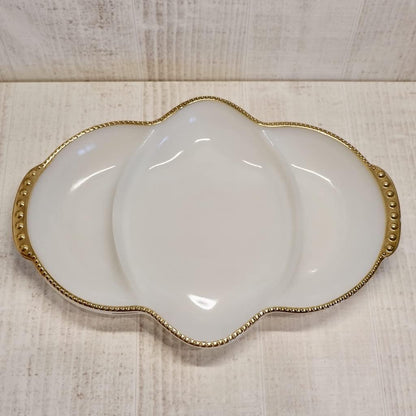 Fire King Anchor Hocking Milk Glass Relish Tray Divided Dish with Gilded Trim
