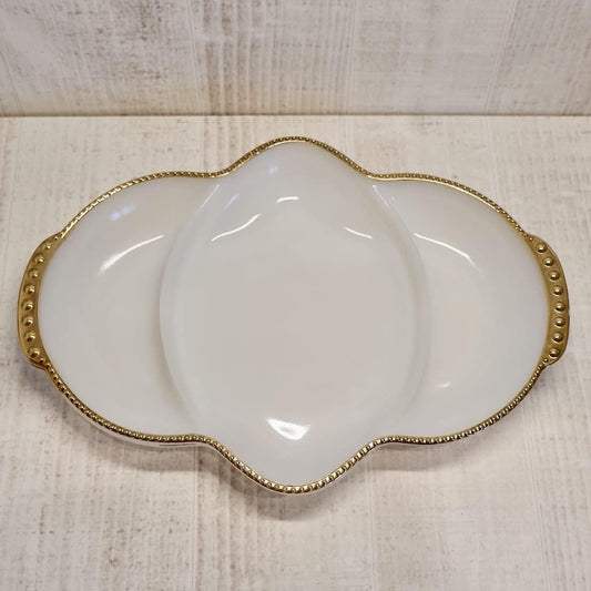 Fire King Anchor Hocking Milk Glass Relish Tray Divided Dish with Gilded Trim