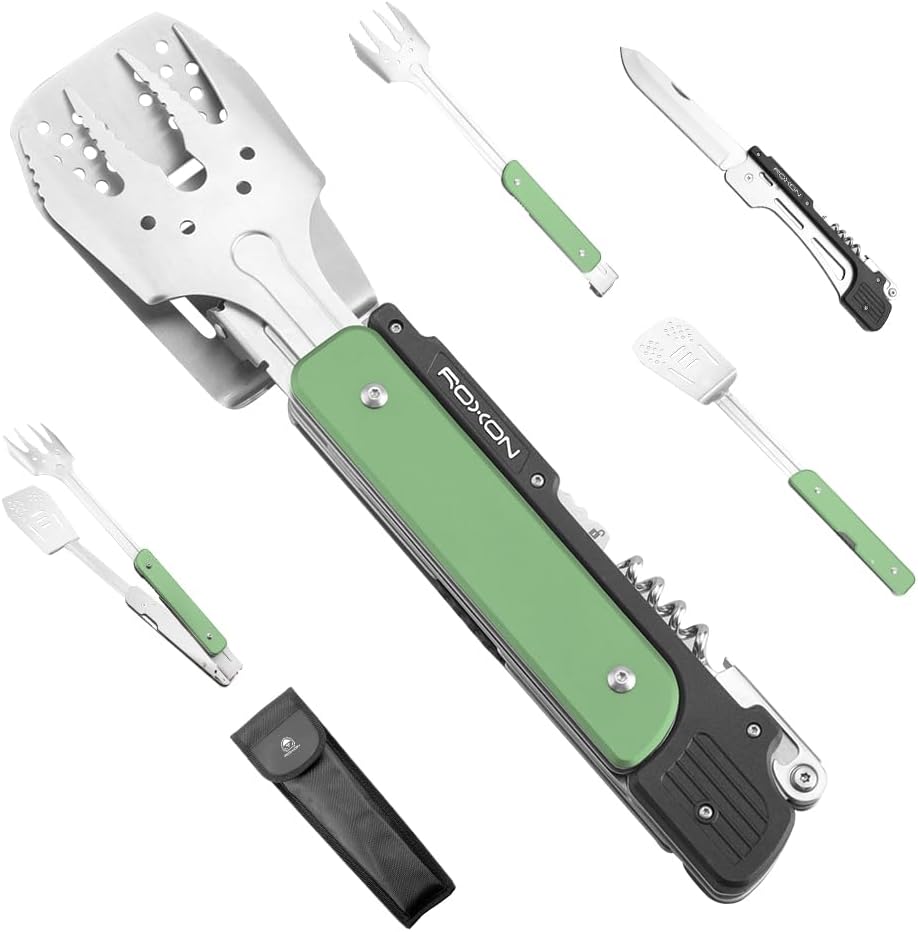 ROXON 6-in-1 Folding Grill Utensils Set, 14" BBQ Tools for Camping S601
