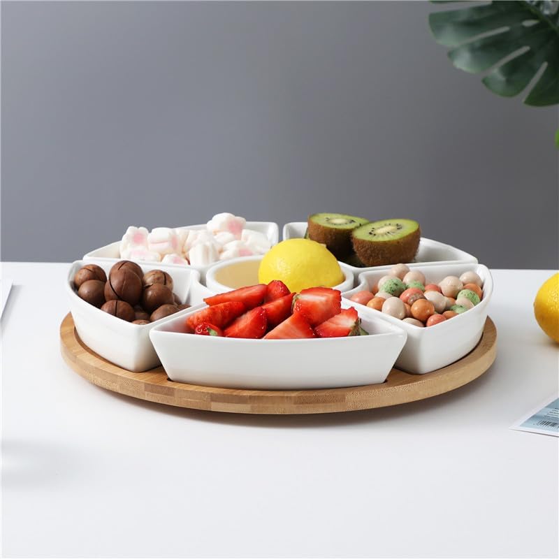 ele ELEOPTION 360° Rotatable Chip and Dip Serving Set, Trays, Appetizer Serving Tray, Divided Serving Tray, Platters, Relish Tray 5 bowls with lids