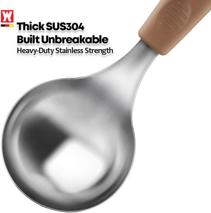Short Stainless Steel Ladle 220mm (8.6”) – SUS304 Thick Deep Bowl Head with Soft-Grip Silicone Handle – Lightweight Mini Soup & Serving Spoon for Cooking – 5 Color Options (Gray)