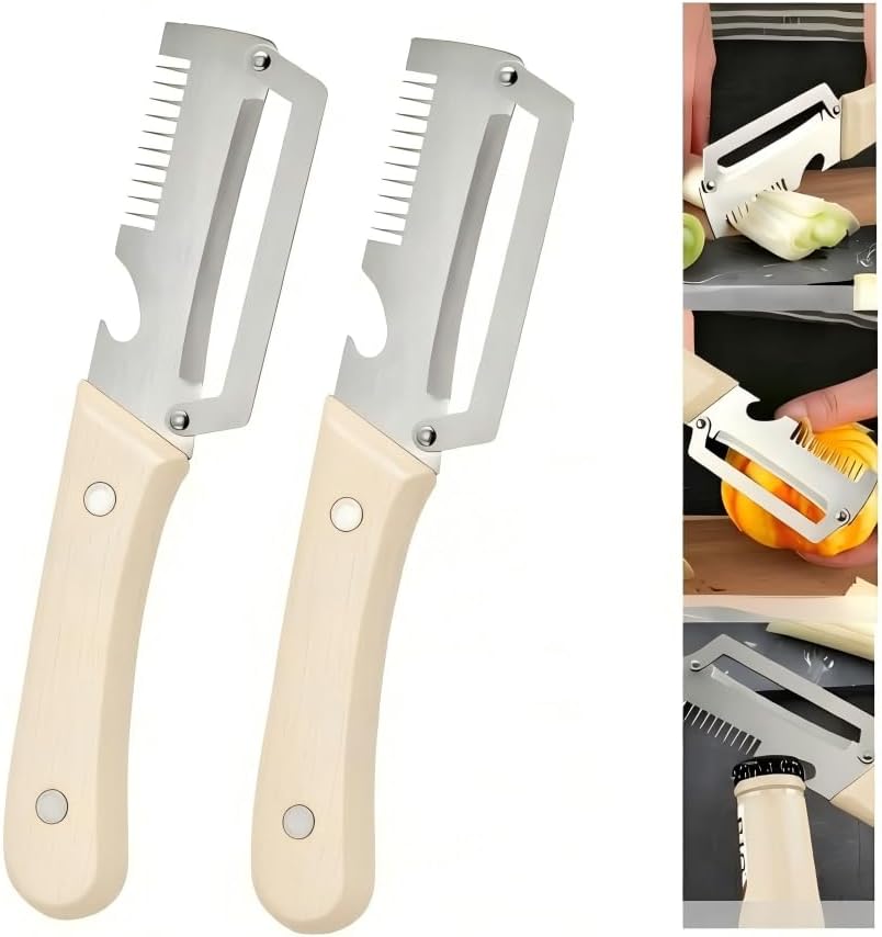 2-Piece Multi-Function Kitchen Peeler Set, 3-in-1 Stainless Steel Peeler with Built-in Bottle Opener and Non-Slip Wooden Handle, for Peeling Pumpkins, Potatoes, and Other Fruits and Vegetables