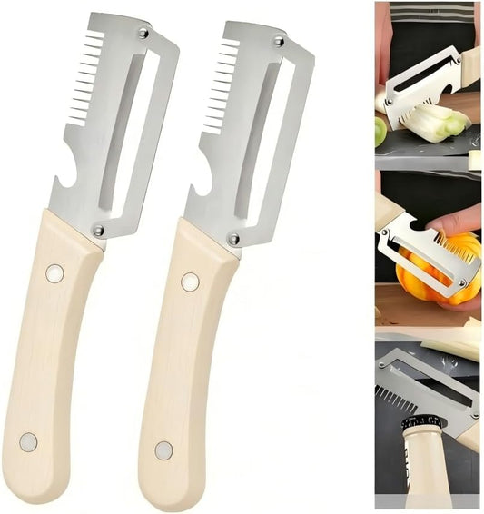 2-Piece Multi-Function Kitchen Peeler Set, 3-in-1 Stainless Steel Peeler with Built-in Bottle Opener and Non-Slip Wooden Handle, for Peeling Pumpkins, Potatoes, and Other Fruits and Vegetables