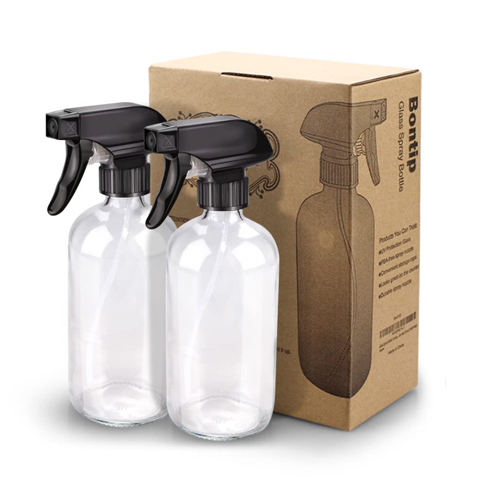 Bontip Glass Spray Bottle 16 oz for Cleaning, Plants (2 Pack, Amber)