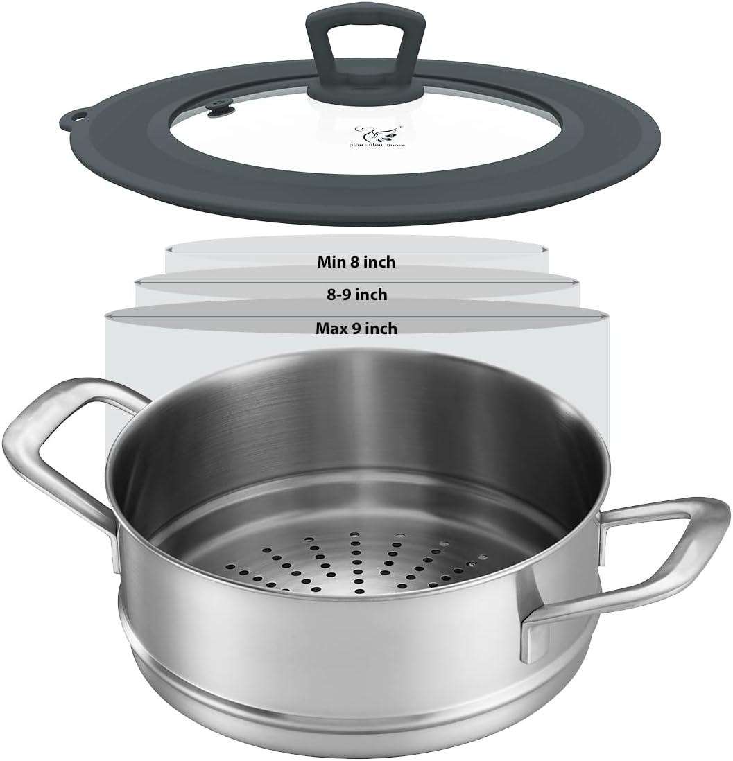 Vented Tempered Glass Universal Lid for Pot Pan Skillet with Heat Resistant Silicone Rim Microwave Splatter Lid Cover Microwave Safe Fit 11.5" 12" 12.5" Cookware, Dishwasher Safe Grey