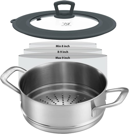Vented Tempered Glass Universal Lid for Pot Pan Skillet with Heat Resistant Silicone Rim Microwave Splatter Lid Cover Microwave Safe Fit 11.5" 12" 12.5" Cookware, Dishwasher Safe Grey