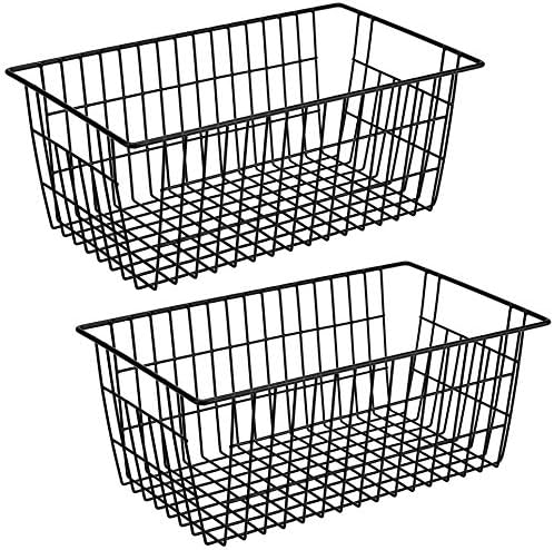 SANNO Freezer Baskets for Storage Pantry Large Metal Wire Food Storage Organizer Bin Basket with Handles - for Kitchen Cabinets, Pantry, Bathroom, Laundry Room, Closets, Garage - Chrome，2 pack