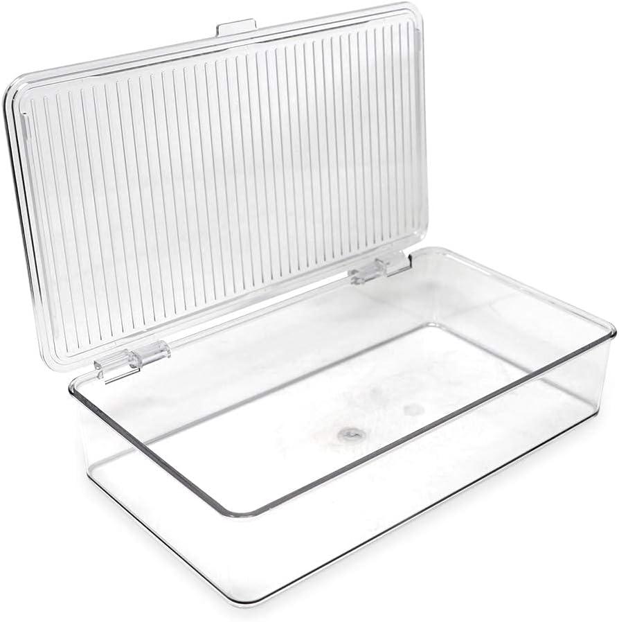 Isaac Jacobs Medium Stackable Organizer Bin (10.75”x6.5”x3.7”) w/ Hinged Lid, Clear Storage Box, Home, Office, School, Fridge, Bathroom, Kitchen, Pantry Container, BPA-Free, Food Safe (Medium, Clear)