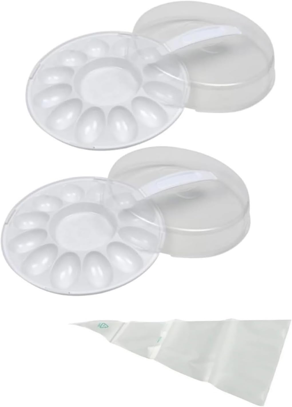 Deviled Egg Carrier with Lid and Handle, 12-Slot Plastic Container, Tray BPA Free 10.375 Inch Round, Freezer Safe - 2 Pack - For Serving and Storing Deviled Eggs BONUS 1 Disposable Decorating Bag