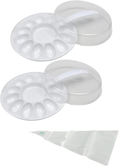 Deviled Egg Carrier with Lid and Handle, 12-Slot Plastic Container, Tray BPA Free 10.375 Inch Round, Freezer Safe - 2 Pack - For Serving and Storing Deviled Eggs BONUS 1 Disposable Decorating Bag