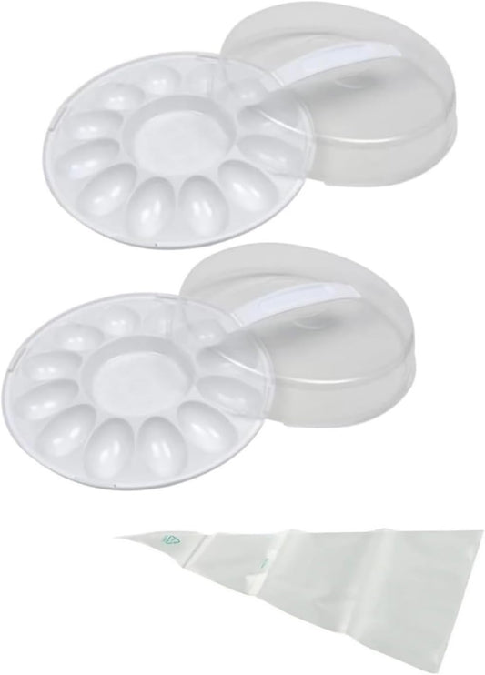 Deviled Egg Carrier with Lid and Handle, 12-Slot Plastic Container, Tray BPA Free 10.375 Inch Round, Freezer Safe - 2 Pack - For Serving and Storing Deviled Eggs BONUS 1 Disposable Decorating Bag