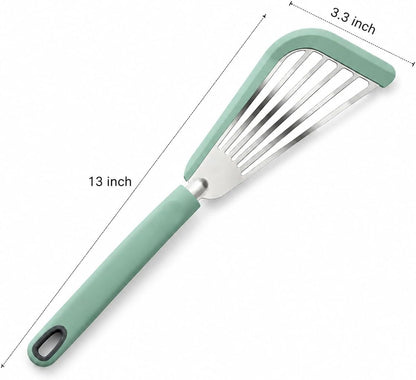 Nonstick Fish Spatula With Silicone Edge, FENGCHEN Silicone Fish Spatula, Heat-Resistant Fish Turner Spatula,Fish Spatulas For Cooking, For Scrapping, Flipping, Frying, Turning Foods (Silver)
