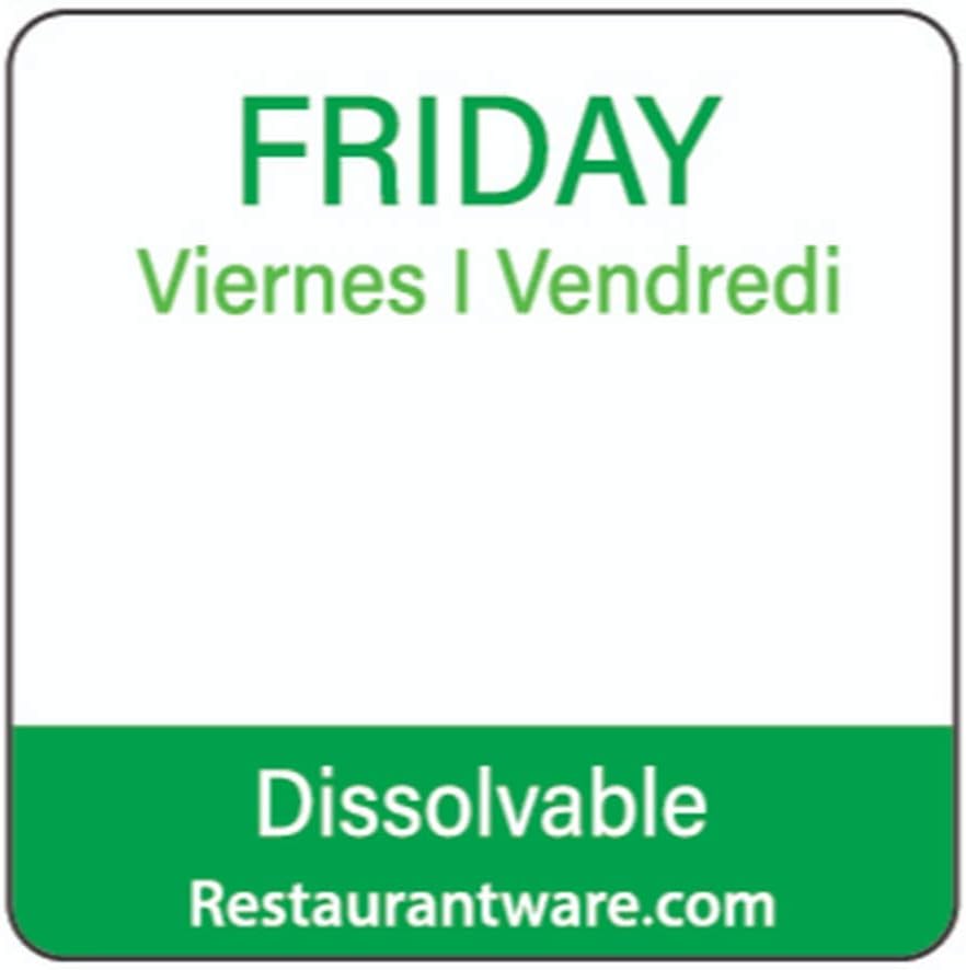 Restaurantware RW Smart 1 Inch x 1 Inch Food Rotation Labels 500 Dissolvable Food Safety Labels - Premium Trilingual Green Paper Day Of The Week Labels For Food Storage Or Prep Friday