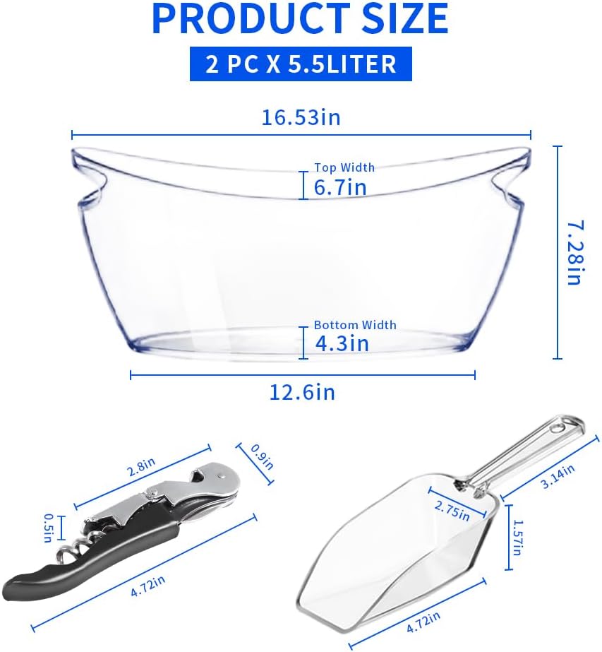 Ice Buckets for Parties, 2 Pcs Clear Acrylic Ice Bucket Bowls, 5.5L Champagne Wine Bucket with Scoops & Wine Bottle Opener, Mimosa Bar Supplies Beverage Tub for Beer Sparkling Wine Cocktails