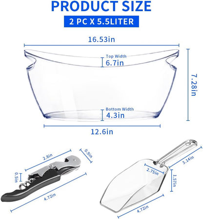 Ice Buckets for Parties, 2 Pcs Clear Acrylic Ice Bucket Bowls, 5.5L Champagne Wine Bucket with Scoops & Wine Bottle Opener, Mimosa Bar Supplies Beverage Tub for Beer Sparkling Wine Cocktails