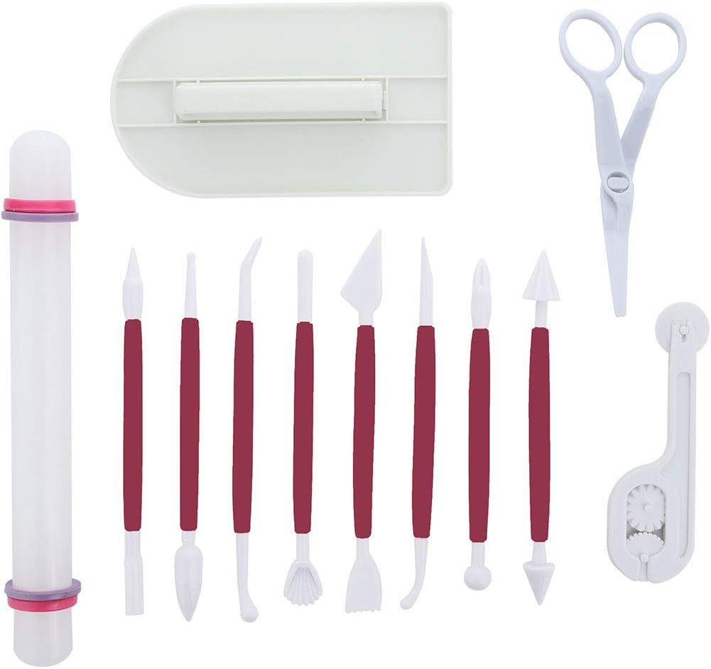 ScivoKaval Marshmallow Fondant Cake Decorating Hand Tool 12 Pcs 5 Sets Sugarcraft Gumpaste Icing Smoother Rolling Pin Trimmer Cutter Embosser Flower Scissor Modelling Accessories Supplies Kit Multi
