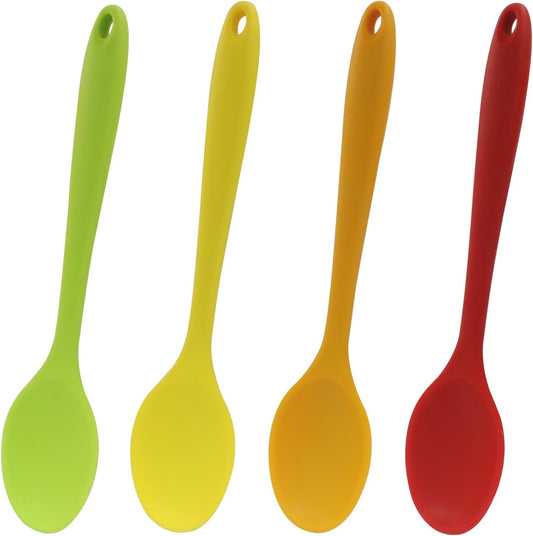 Hitefu 4 Pcs Durable Silicone Mixing Spoon, Heat Resistant & Non Stick Spatula, Multicolored Large Kitchen Spoons for Cooking, Baking, Serving & Stirring (Red, Orange, Yellow, Green)