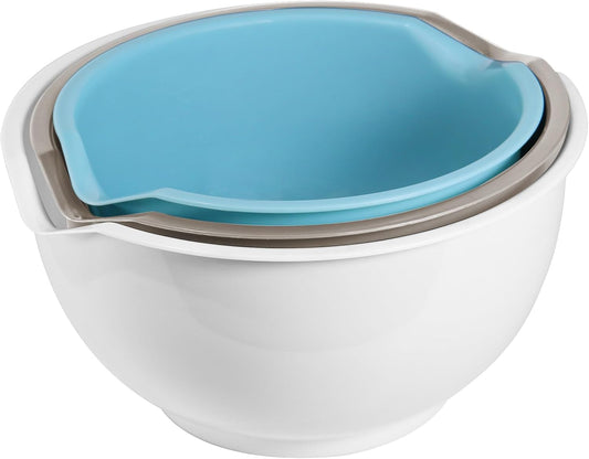 3pcs Mixing Bowls with Pour Spout-Nesting Design Saves Space - Non-Slip, BPA Free, Dishwasher Safe Plastic - Kitchen Cooking and Baking Supplies (White)