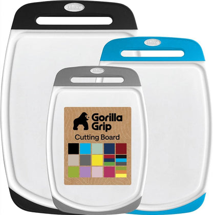 GORILLA GRIP BPA-Free Reversible Kitchen Cutting Board Set of 3, US Designed, Nonporous, Juice Grooves Catch Liquid, Slip Resistant Border, Dishwasher Safe, Durable Large Food Chopping Boards, Black