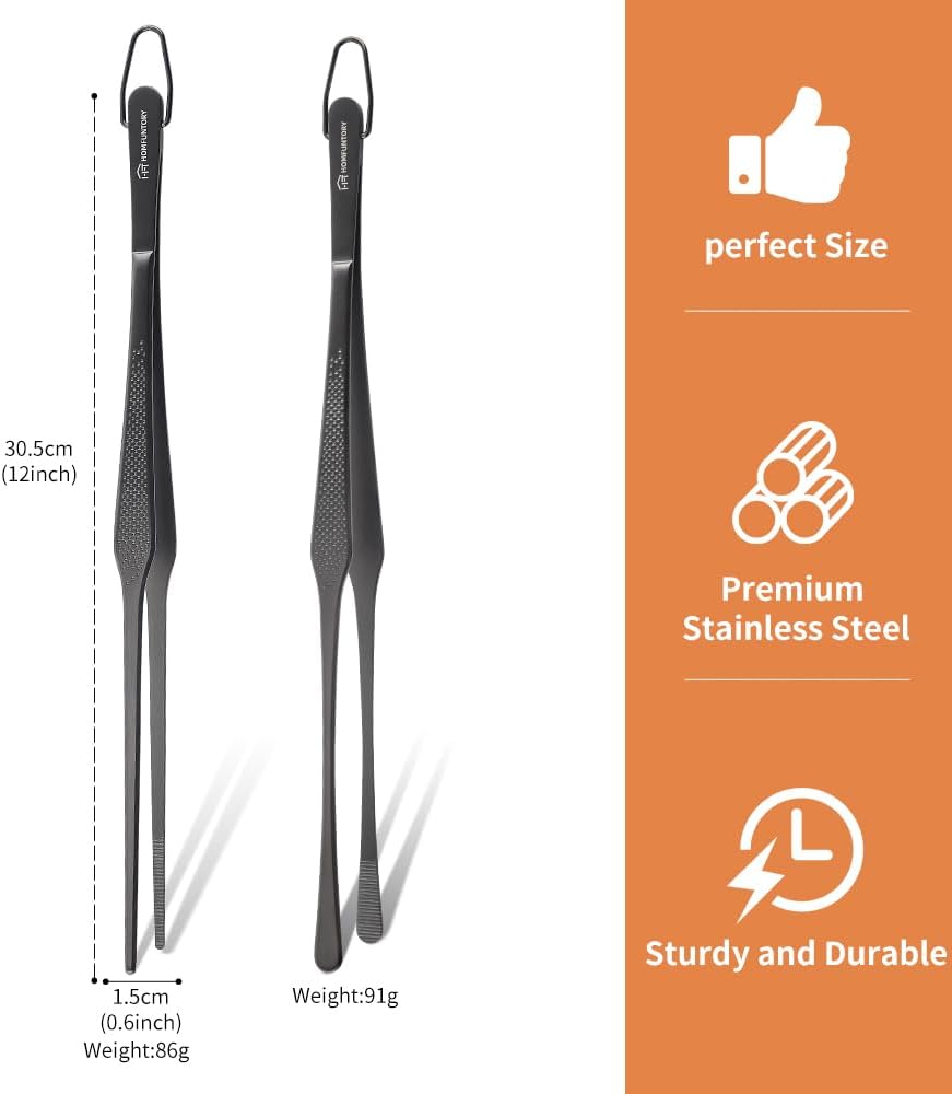 Stainless Steel Cooking Tweezers, 12-Inch Precision Kitchen Tweezers with Star Dot Texture, Wider Grip & Elevated Tips | Galaxy Grip Series, 2 Pcs (Black)