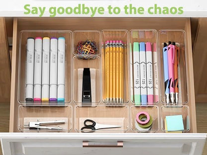 12 Pack Clear Drawer Organizer Set, 3 Sizes Bathroom Vanity Organizer Trays | Vanity and Makeup Organizer | Bathroom Organizer Trays | Storage Bins For Makeup | Cosmetics | Jewelry | Gadgets