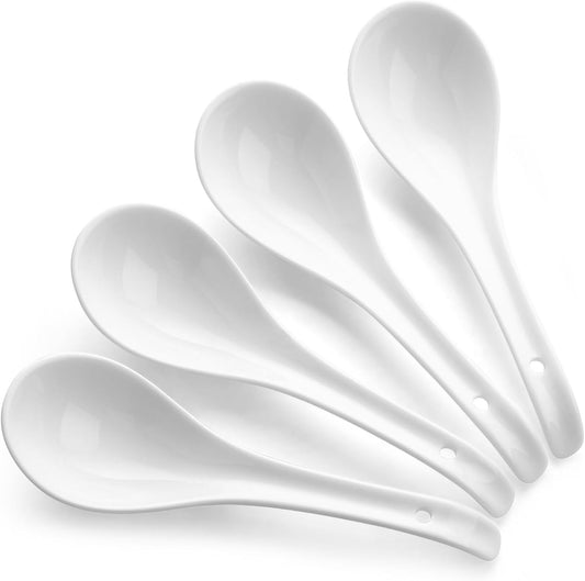 DOWAN Soup Spoons, Ceramic Asian Soup Spoons, White Japanese Spoon Large for Ramen Pho Wonton Dumpling Miso, Deep Oval Hook Design, (4, Soft white)