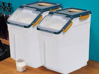 Saim Flour Storage Container Bin 25lbs (2 Pack), BPA Free Rice & Food Dispenser with Lid, Measuring Cup & Scoop - Kitchen Pantry Organizer for Grain, Cereal, Dog Food, Baking Supplies - Dark Blue