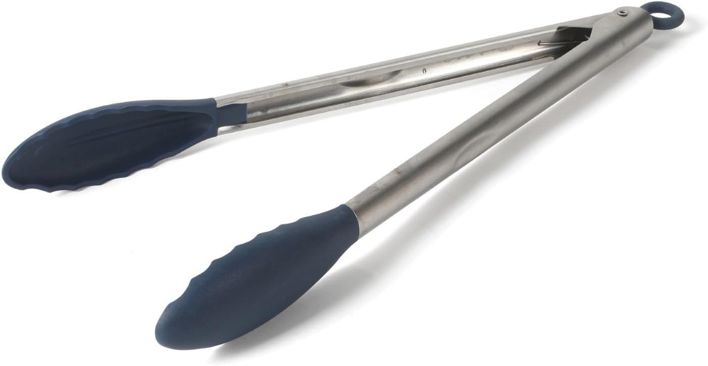 Calphalon Edge Tongs Set, 2-Piece Stainless Steel Kitchen Tongs Set with Silicone Heads, Includes 9-Inch & 12-Inch Heat-Resistant Locking Tongs for Cooking, Grilling & Serving, Taupe