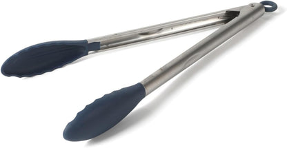 Calphalon Edge Tongs Set, 2-Piece Stainless Steel Kitchen Tongs Set with Silicone Heads, Includes 9-Inch & 12-Inch Heat-Resistant Locking Tongs for Cooking, Grilling & Serving, Taupe