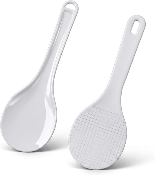 2 PCS Rice Spoon, White Non Stick Hanging Rice Spatula 2 Styles Heat Resistant Rice Cooker Spatula Plastic Rice Spoon Paddle Kitchen Cooking Utensil Set for Kitchen, Restaurant, And Home Cooking