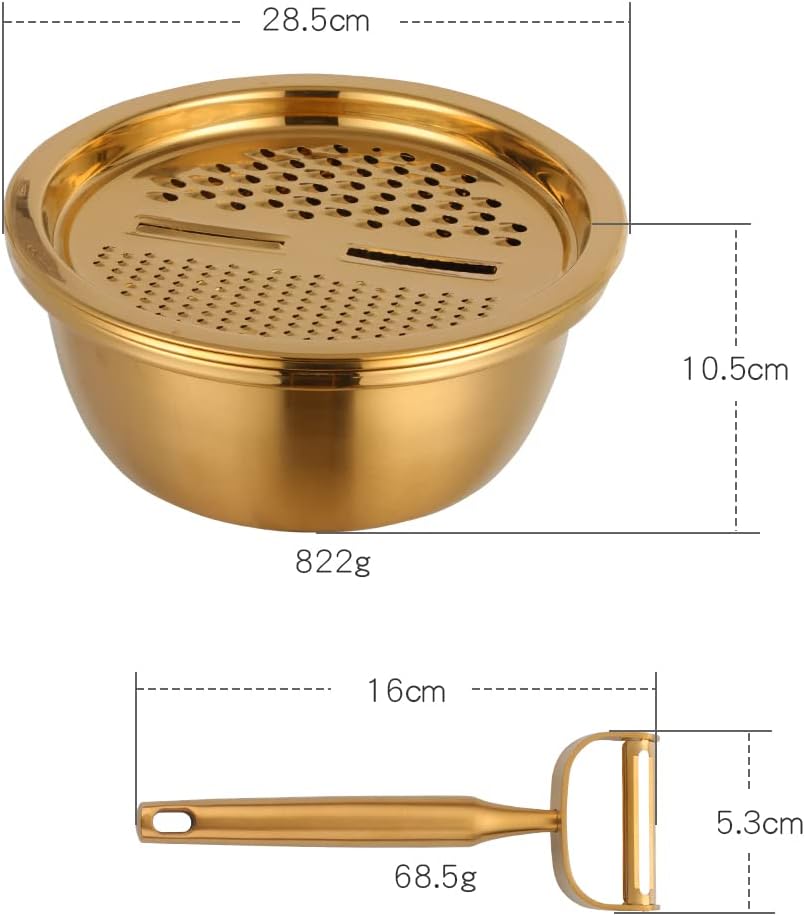TEHAHA Colander Set With Peeler,3 in 1 Strainer for Kitchen: Stainless Steel Vegetable Slicer,Large Capacity Drain Basket With Mixing Bowl For Washing Vegetables, Fruit, Rice,Dishwasher Safe,Gold.