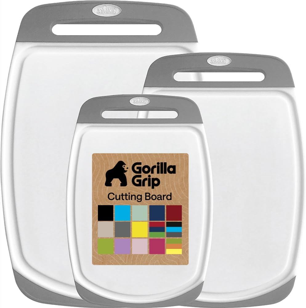 GORILLA GRIP BPA-Free Reversible Kitchen Cutting Board Set of 3, US Designed, Nonporous, Juice Grooves Catch Liquid, Slip Resistant Border, Dishwasher Safe, Durable Large Food Chopping Boards, Black