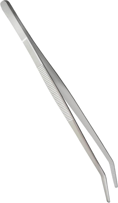8-Inch Kitchen Tweezers Stainless Steel Culinary Plating Tweezer, Professional Chef Tweezer Food Tongs (Curved Head, Sliver)