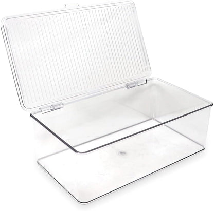 Isaac Jacobs Medium Stackable Organizer Bin (10.75”x6.5”x3.7”) w/ Hinged Lid, Clear Storage Box, Home, Office, School, Fridge, Bathroom, Kitchen, Pantry Container, BPA-Free, Food Safe (Medium, Clear)