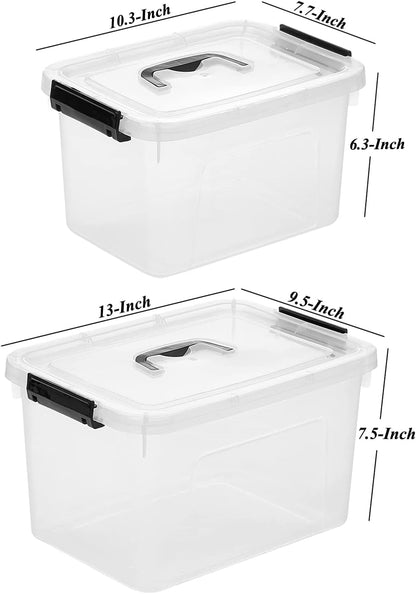 Plastic Storage Bins with Lids, 2 Pack Mixed Sizes (7 Qt, 16 Qt) Clear Black with Lid Stackable Organizer Boxes with Latches for Closet, Pantry, Bathroom, Office