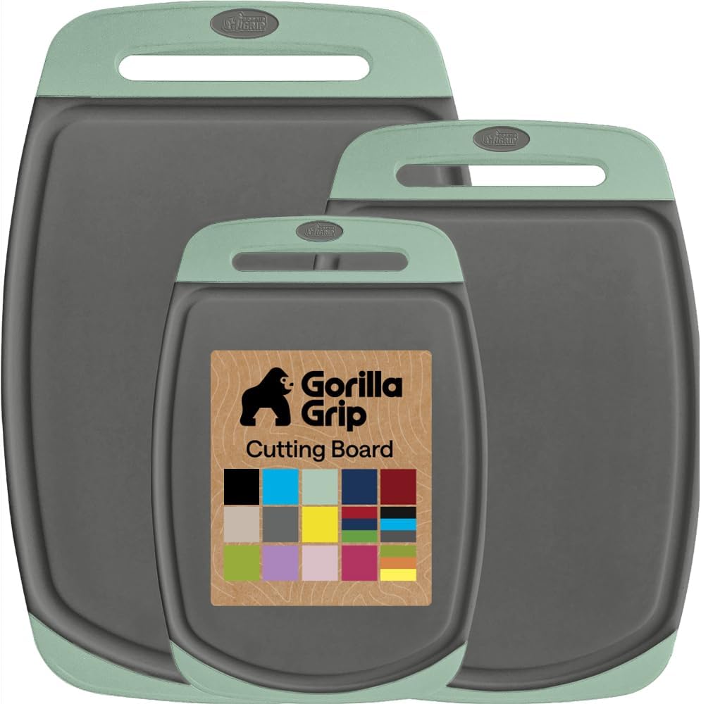 GORILLA GRIP BPA-Free Reversible Kitchen Cutting Board Set of 3, US Designed, Nonporous, Juice Grooves Catch Liquid, Slip Resistant Border, Dishwasher Safe, Durable Large Food Chopping Boards, Black