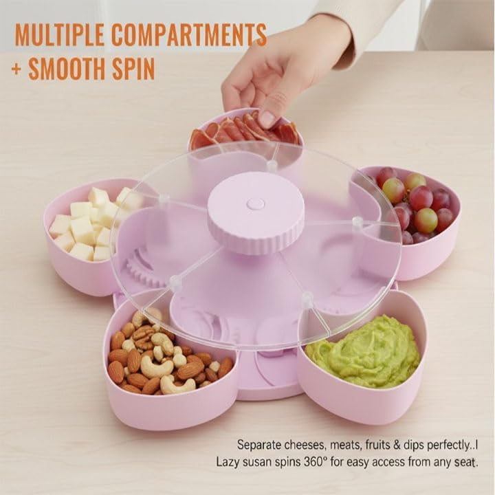Divided Spin and Snack Serving Tray,Rotating Lazy Susan Charcuterie Board,Multi-Compartment Food Organizer Design,Portable Travel Snackle Box with Rotating Cover - Ideal Hostess Gift (Blue)