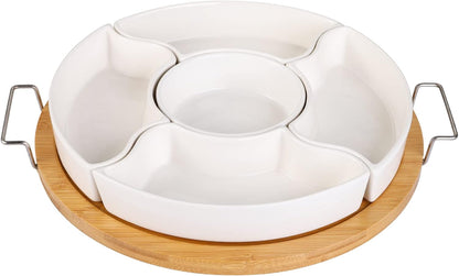 yarlung 11 Inch Ceramic Divided Serving Dishes with Bamboo Platter, Appetizer Tray 5 Removable Snacks Bowls for Candy and Nut, Chips and Dips, No Lid Included